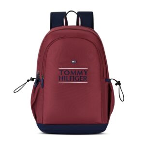 tommy hilfiger student school bag & university backpack coral burgundy+navy | durable water resistant polyester with premium embroidery | multi utility organiser & rain cover | 33l capacity
